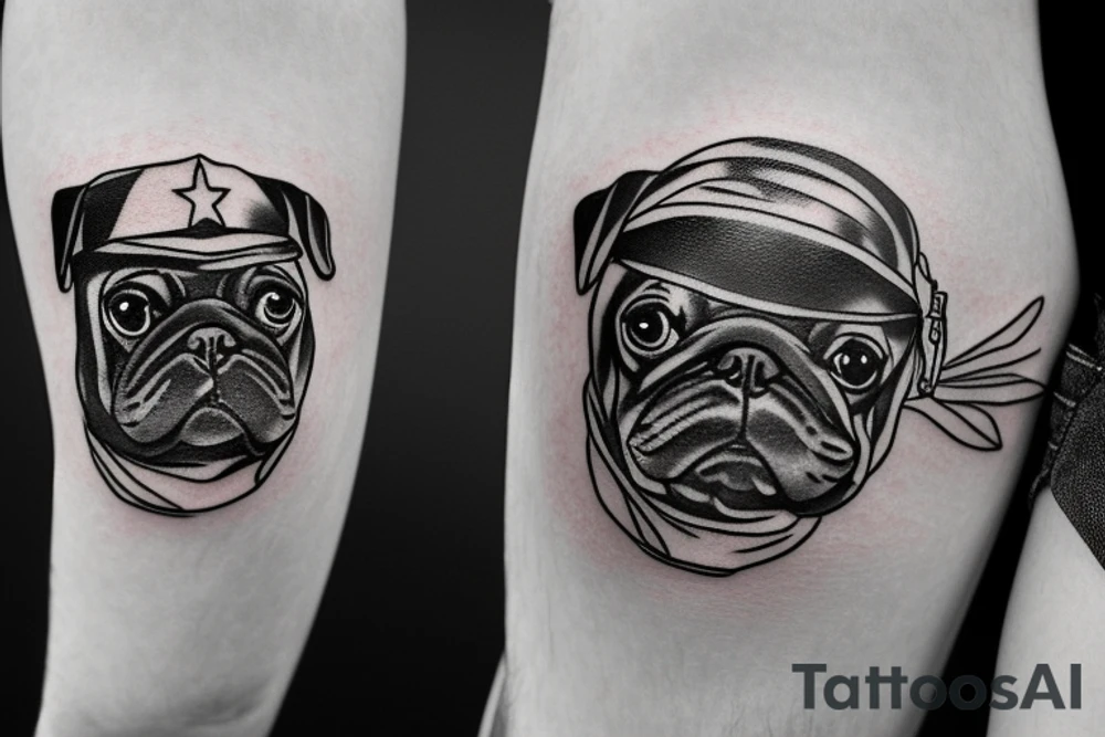 Traditional style pug with World War II helmet tattoo idea