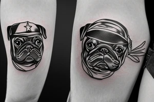 Traditional style pug with World War II helmet tattoo idea