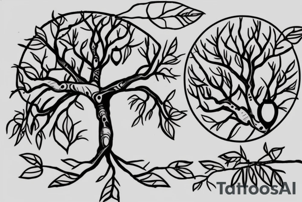 tree with 4 branches and on first branche there is 2 apples, on another there are 3 apples and on third branche there is also three apples tattoo idea