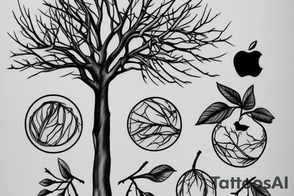 tree with 4 branches and on first branche there is 2 apples, on another there are 3 apples and on third branche there is also three apples tattoo idea
