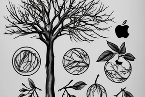 tree with 4 branches and on first branche there is 2 apples, on another there are 3 apples and on third branche there is also three apples tattoo idea
