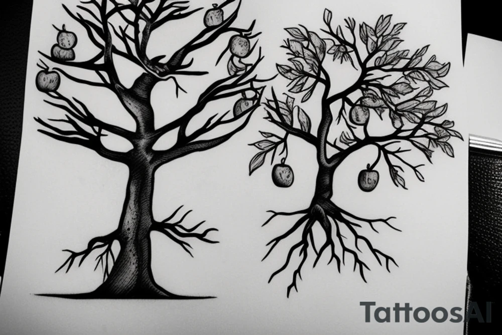 tree with 4 branches and on first branche there is 2 apples, on another there are 3 apples and on third branche there is also three apples tattoo idea