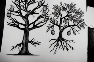 tree with 4 branches and on first branche there is 2 apples, on another there are 3 apples and on third branche there is also three apples tattoo idea