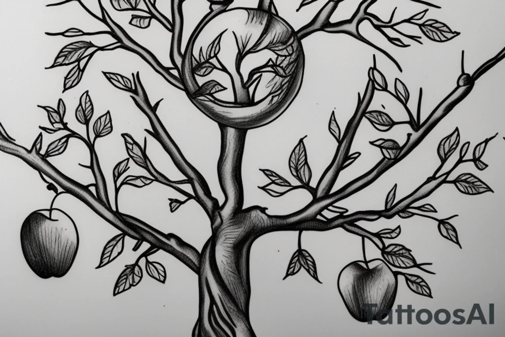 tree with 4 branches and on first branche there is 2 apples, on another there are 3 apples and on third branche there is also three apples tattoo idea