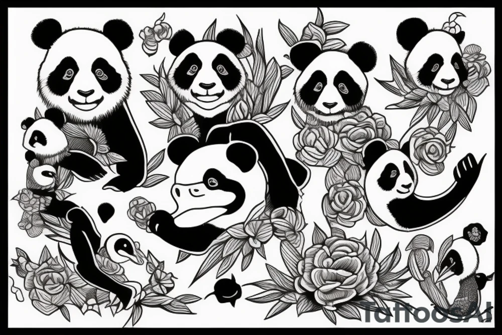 Panda and pelican and gecko tattoo idea