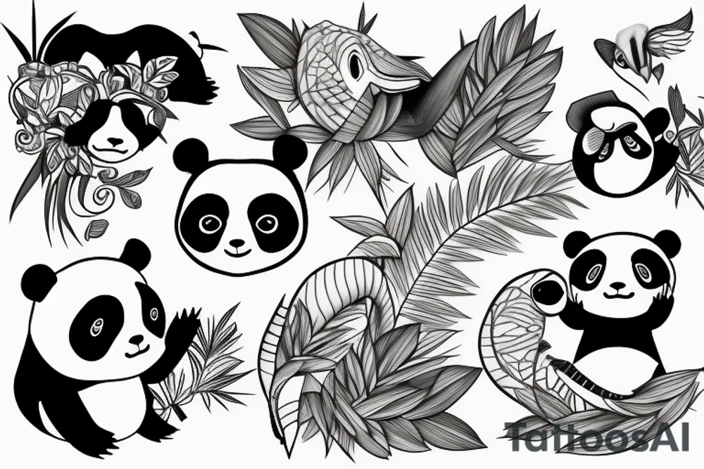 Panda and pelican and gecko tattoo idea