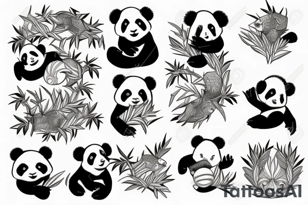 Panda and pelican and gecko in nature tattoo idea