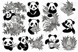 Panda and pelican and gecko in nature tattoo idea
