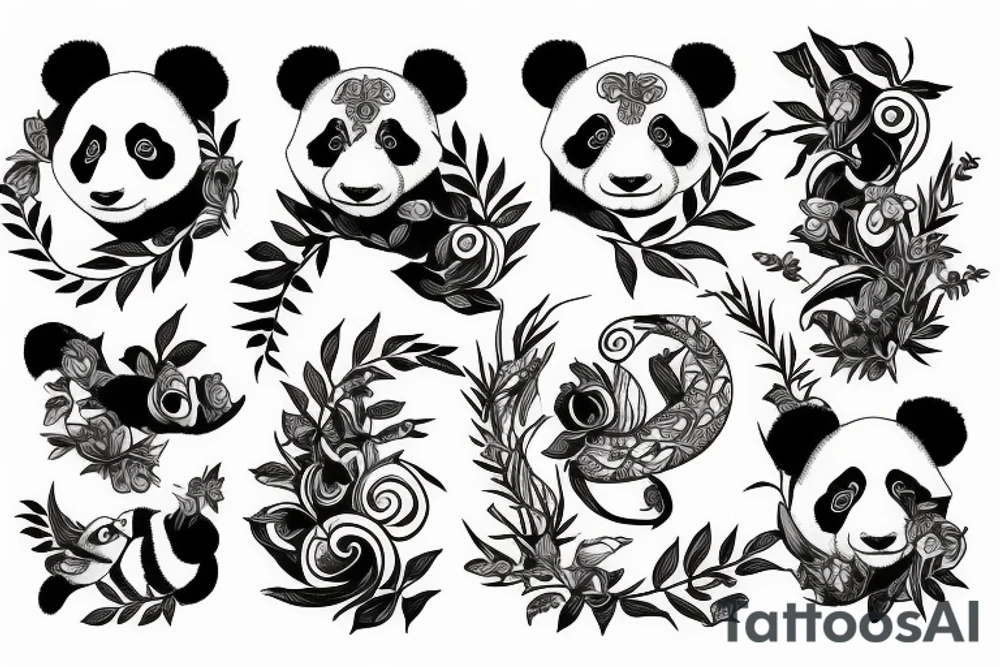 Panda and pelican and gecko in nature tattoo idea