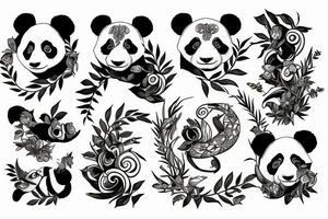 Panda and pelican and gecko in nature tattoo idea