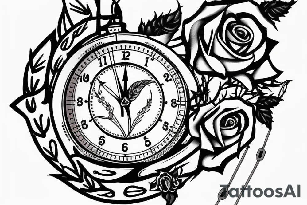 ROse with thorns and a stop watch below it with the stem wrapped around the stop watch tattoo idea