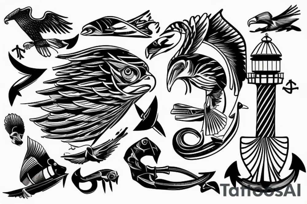 Light house eagles boat anchor bass fish tattoo idea