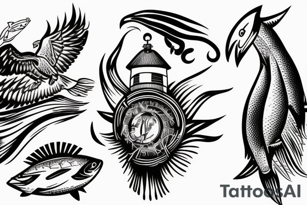 Lighthouse with eagles flying carrying fish tattoo idea