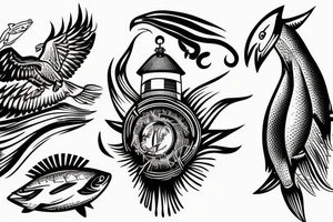 Lighthouse with eagles flying carrying fish tattoo idea
