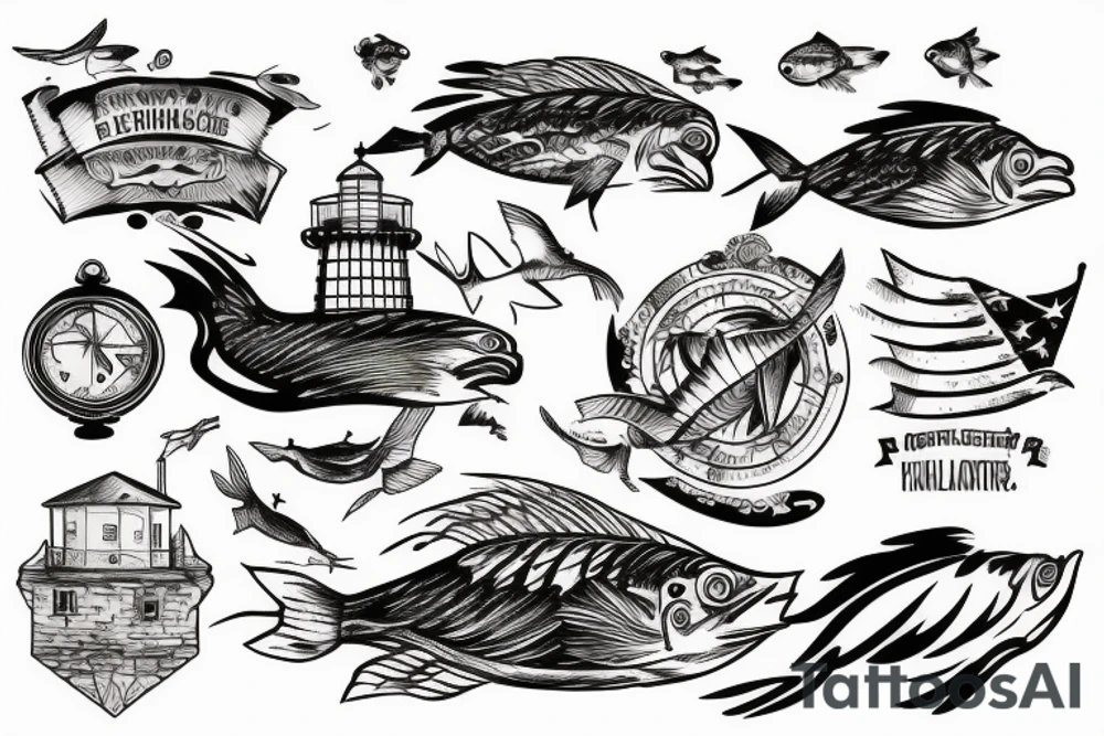 Lighthouse with eagles flying carrying fish tattoo idea