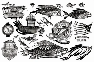 Lighthouse with eagles flying carrying fish tattoo idea