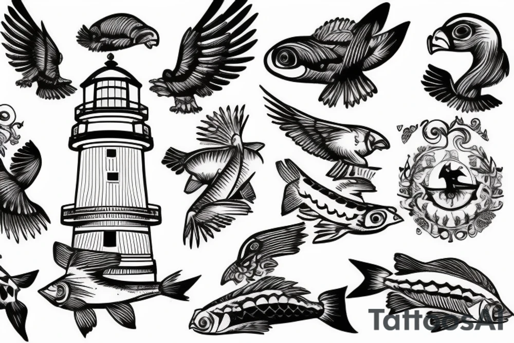 Lighthouse with eagle 
 carrying fish tattoo idea