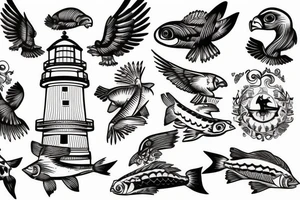 Lighthouse with eagle 
 carrying fish tattoo idea