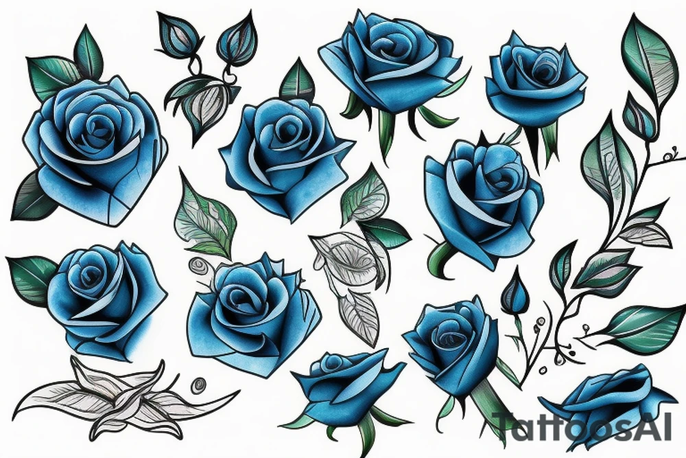 Blue Roses with green roots and with falling petals tattoo idea