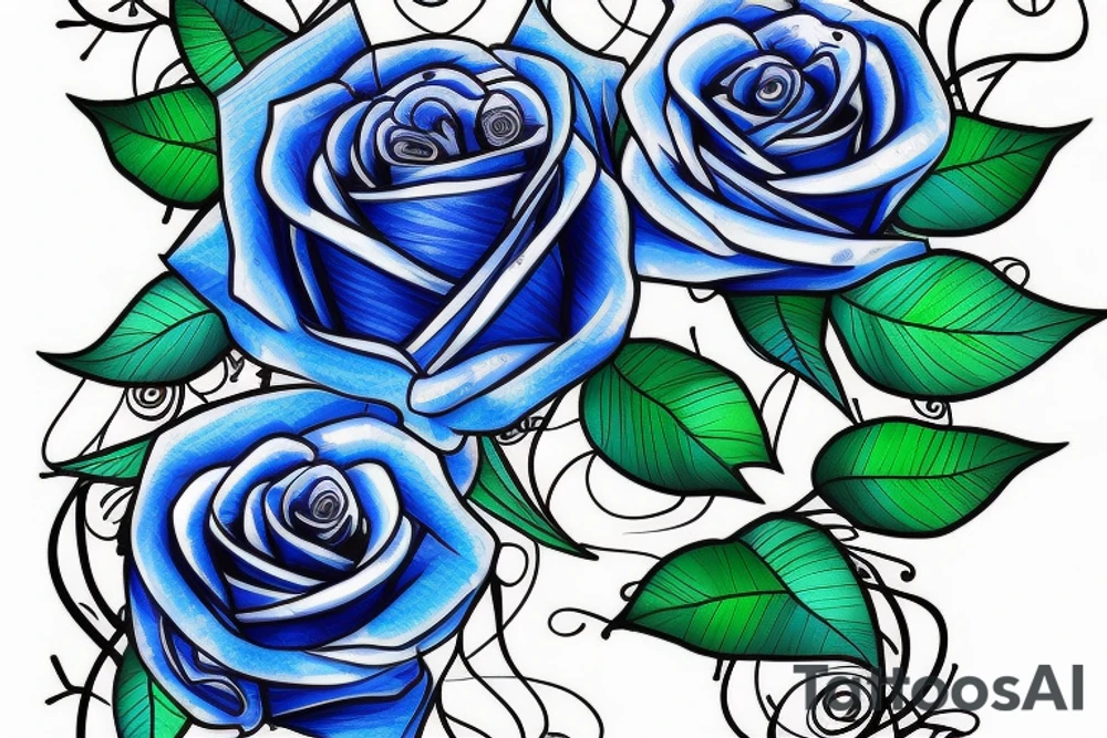 Blue Roses with green roots and with falling petals tattoo idea