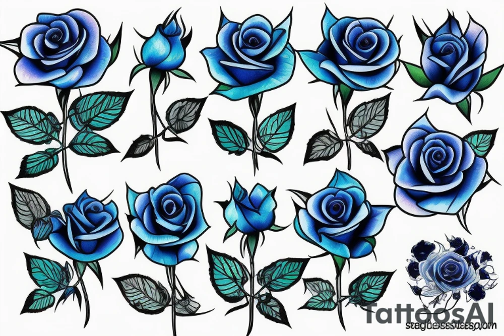 Blue Roses with green roots with thorns and falling petals tattoo idea
