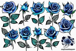 Blue Roses with green roots with thorns and falling petals tattoo idea