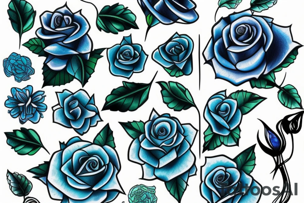 Blue Roses with green roots with thorns and falling petals tattoo idea