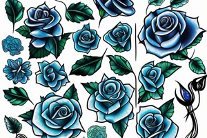 Blue Roses with green roots with thorns and falling petals tattoo idea