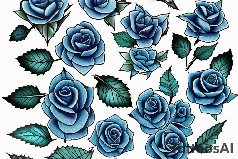 Several Blue Roses with green roots with thorns and falling petals tattoo idea