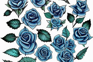 Several Blue Roses with green roots with thorns and falling petals tattoo idea