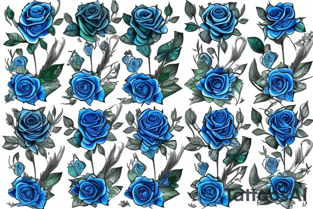 Several Blue Roses with green roots with thorns and falling petals tattoo idea