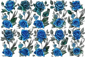 Several Blue Roses with green roots with thorns and falling petals tattoo idea