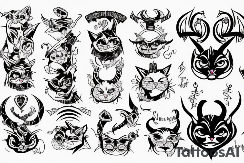 Cat with demon horns and forked tongue tattoo idea
