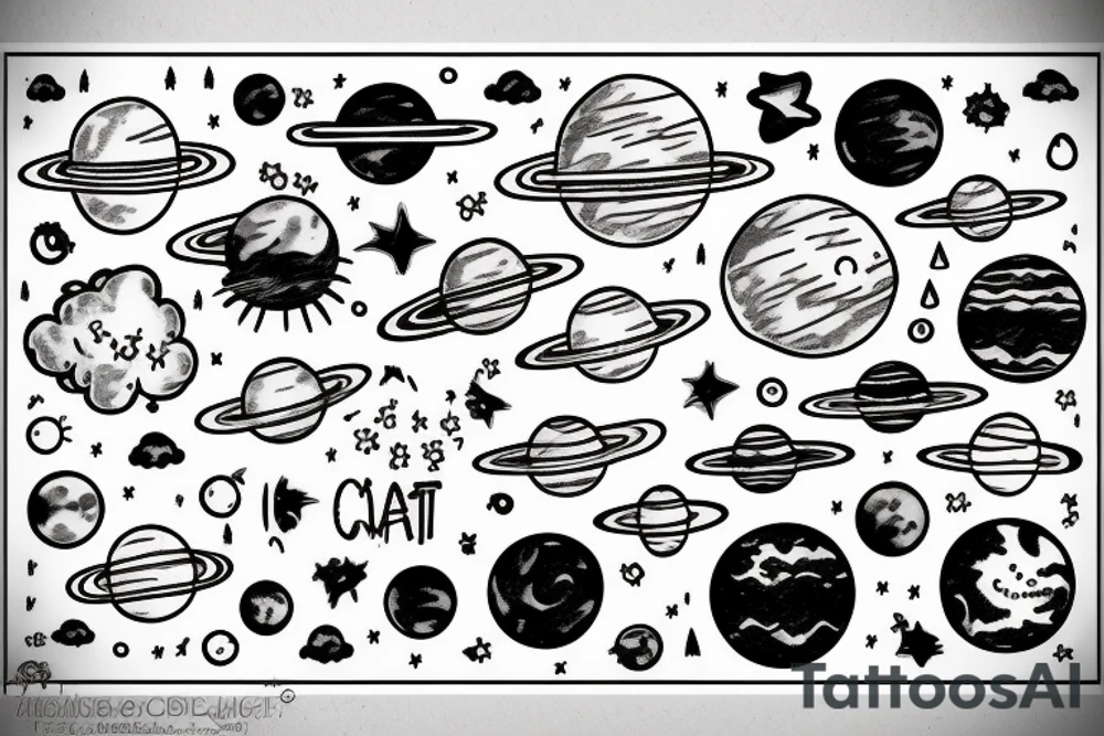 Clouds, planets, rain, cat, bed tattoo idea