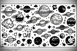 Clouds, planets, rain, cat, bed tattoo idea