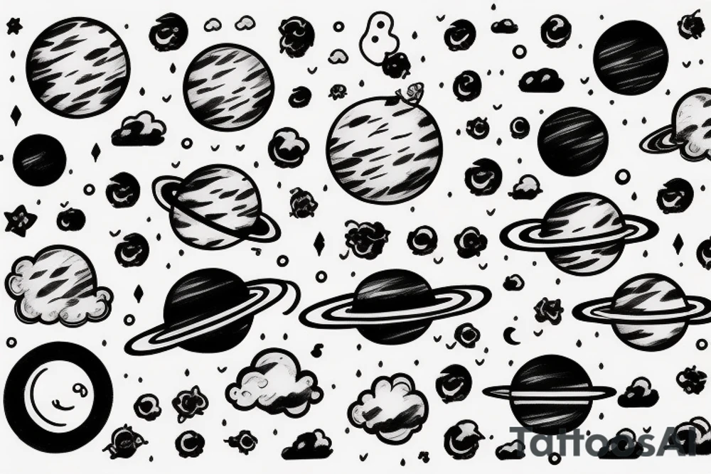 Clouds, planets, rain, cat, bed tattoo idea