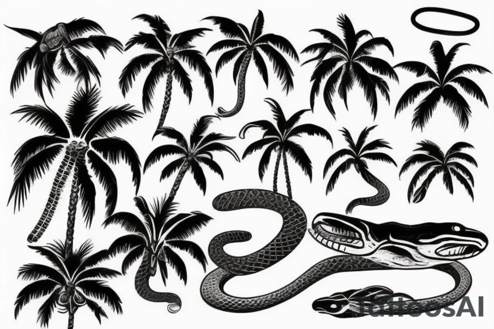 Agressive snake dead body palmtrees tattoo idea