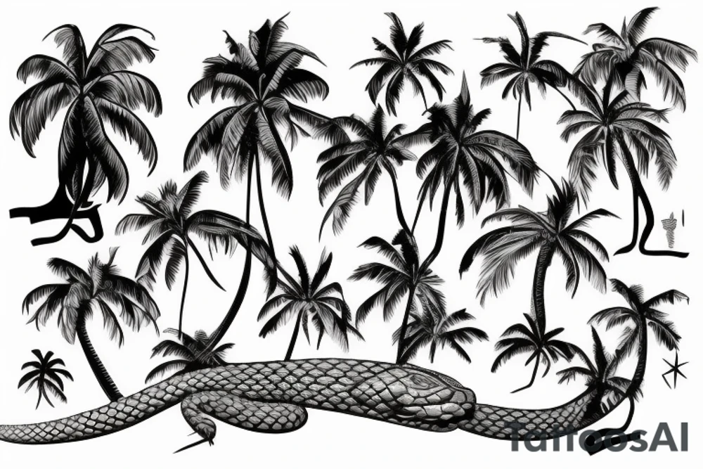 Agressive snake dead body palmtrees tattoo idea