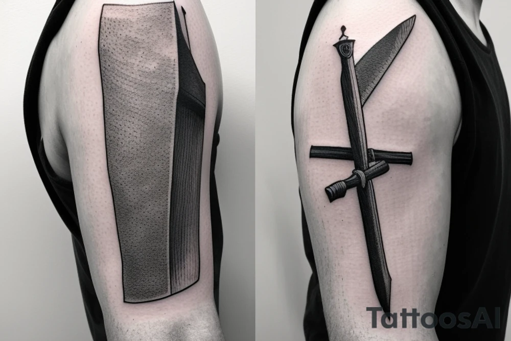 a fine line tattoo of a sword with the names Miles and Evie in it tattoo idea