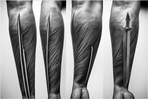 a fine line tattoo of a sword with the names Miles and Evie in it tattoo idea