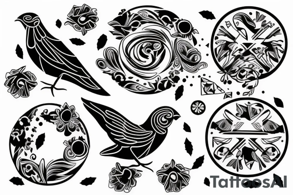two Birds circling in center of tattoo with trash polka style background tattoo idea