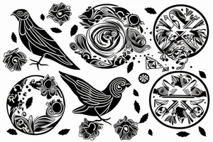 two Birds circling in center of tattoo with trash polka style background tattoo idea