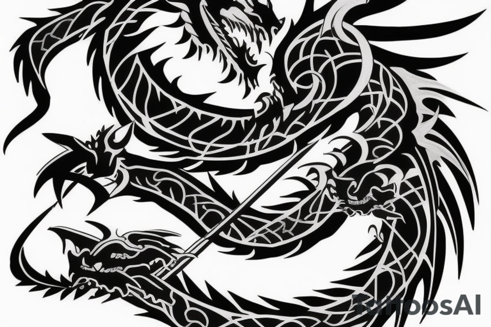 Black dragon with sword tattoo idea