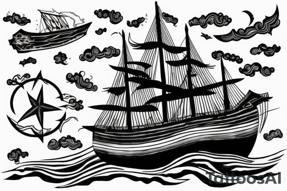 Ghost ship in storm with night background tattoo idea