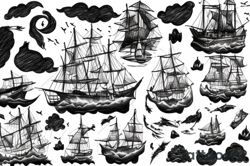 Ghost ship in storm with night background tattoo idea