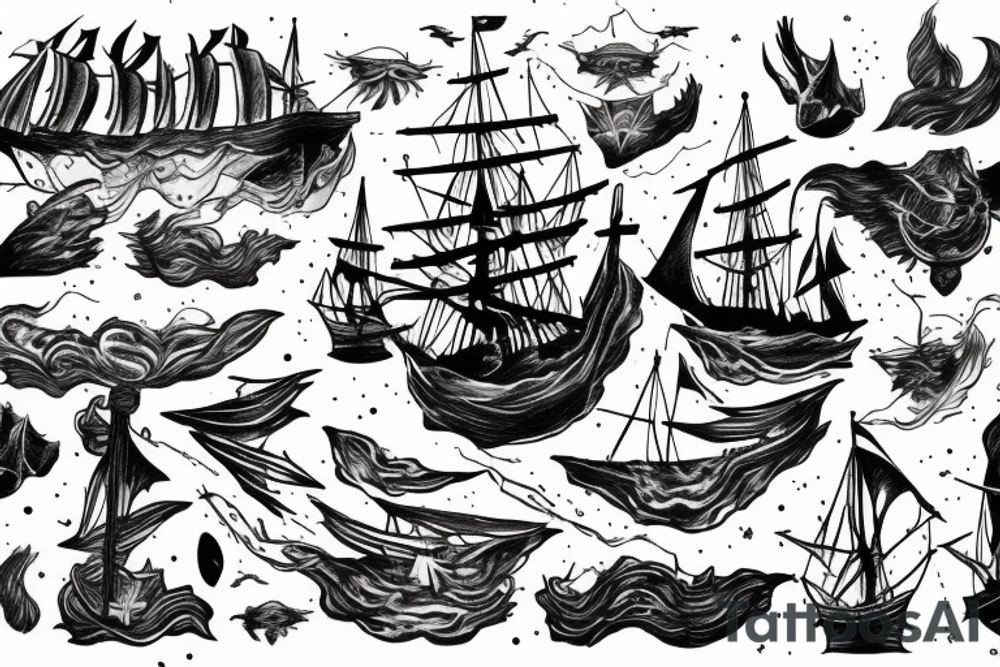 Realistic Ghost ship in storm with night background tattoo idea