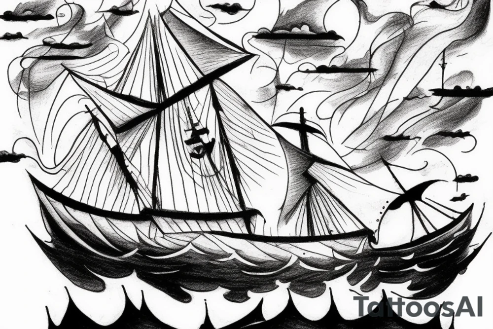 Realistic Ghost ship in storm with night background tattoo idea