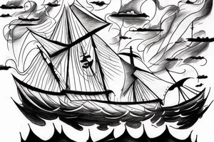 Realistic Ghost ship in storm with night background tattoo idea