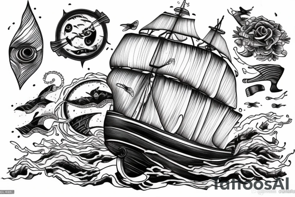 Realistic Ghost ship in storm with night background tattoo idea Realistic Ghost ship in storm with night background tattoo idea