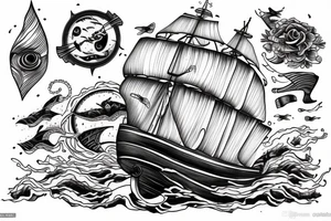 Realistic Ghost ship in storm with night background tattoo idea